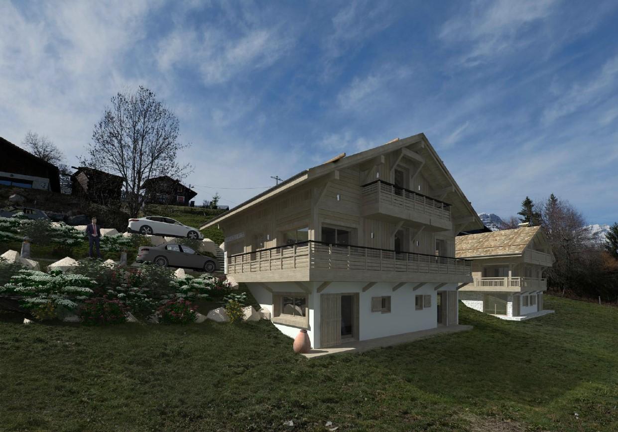 Exterior view of a luxury new development in France with premium alpine architecture for Le Hameau De La Combe in Megève, France