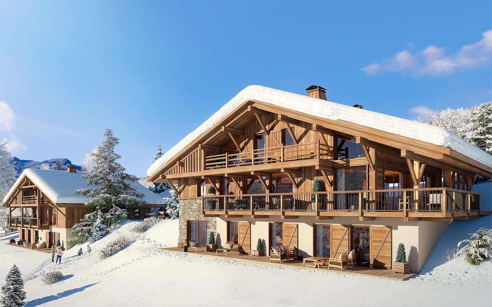 Vue exterieure d un programme neuf de luxe en France avec architecture alpine premium pour Les Chalets de Vauvray a Megève, France