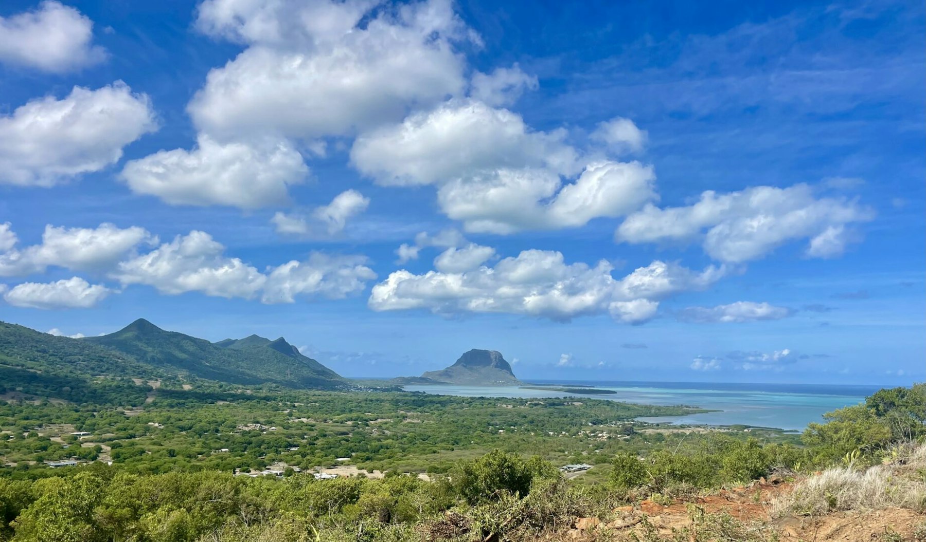 Real panorama over Le Morne Brabant from the heights of Domaine de Palmyre