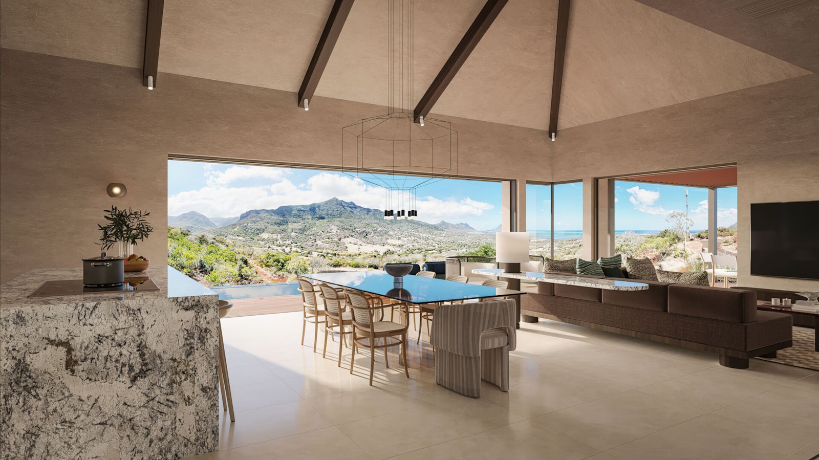 Cathedral living room open to the view — Peak Panorama villa