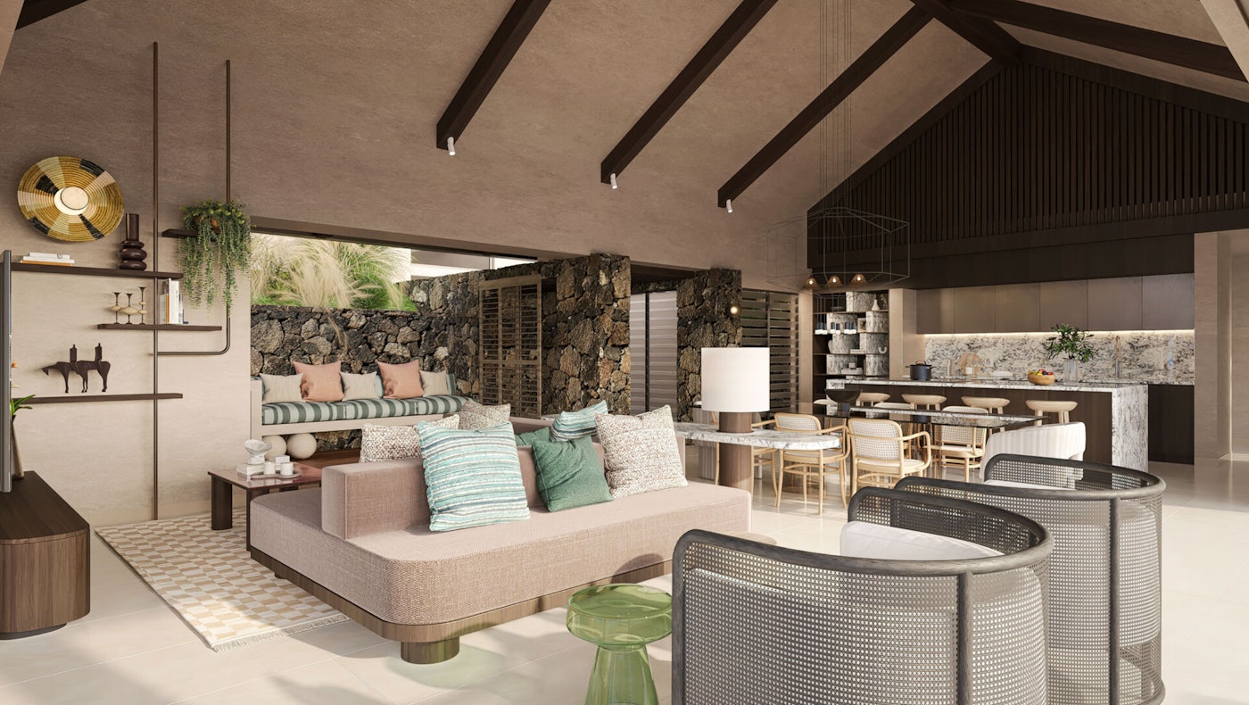 Cathedral living room of a Peak Panorama villa — Beautiful Mess interiors