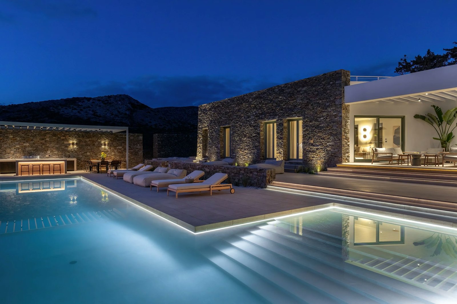 Pool at dusk — Paros villa