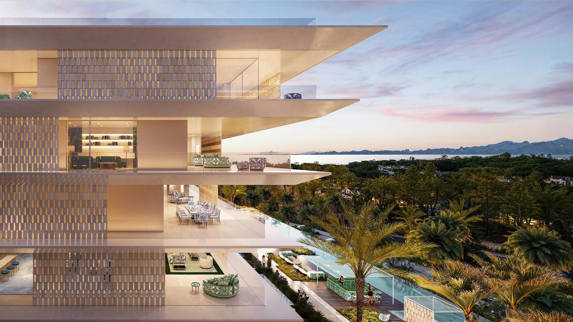 Cascading terraces of Design Hills at sunset
