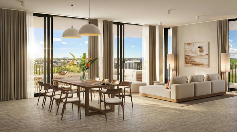 The Signature Mont Choisy, 2-bedroom Grand penthouse: living room opening onto the terrace (developer render)