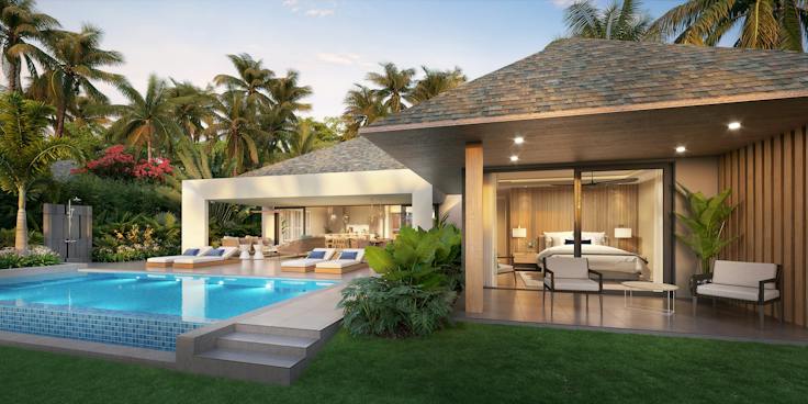 Lagoon Villa at sunset, Mont Choisy La Réserve, Grand Baie (developer render)