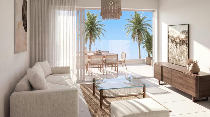 THE PAC Residencies 2-bedroom apartment: living room opening onto the covered terrace (developer rendering)