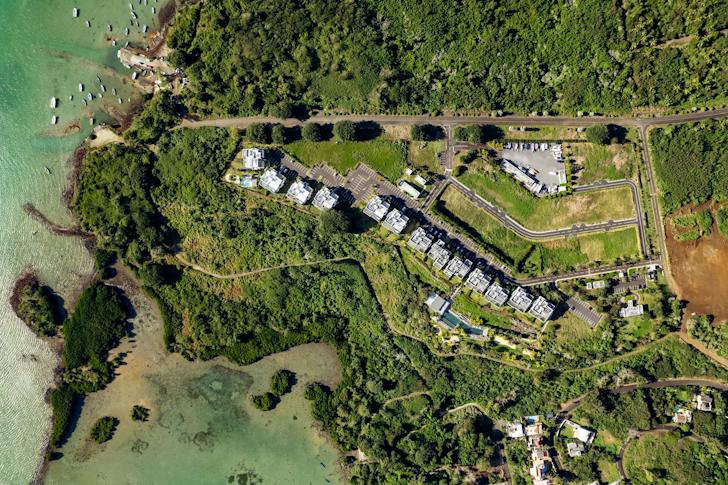 Aerial view of the Saint Antoine Private Residence estate and its jetty on the lagoon, north-east Mauritius