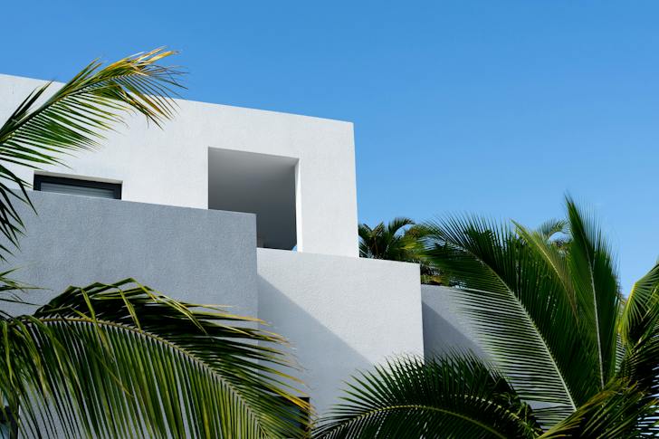 White façade detail and palm trees, Saint Antoine Private Residence