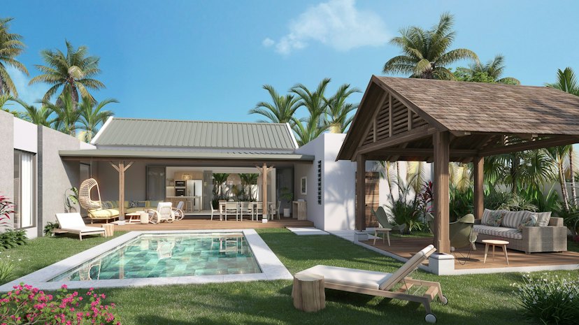 Villa Mauricia: garden view of the pool, veranda and timber kiosk (developer rendering)