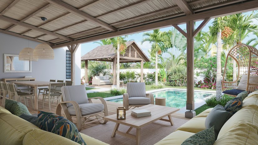 Villa Mauricia: 38 m² covered veranda opening onto the pool and kiosk (developer rendering)