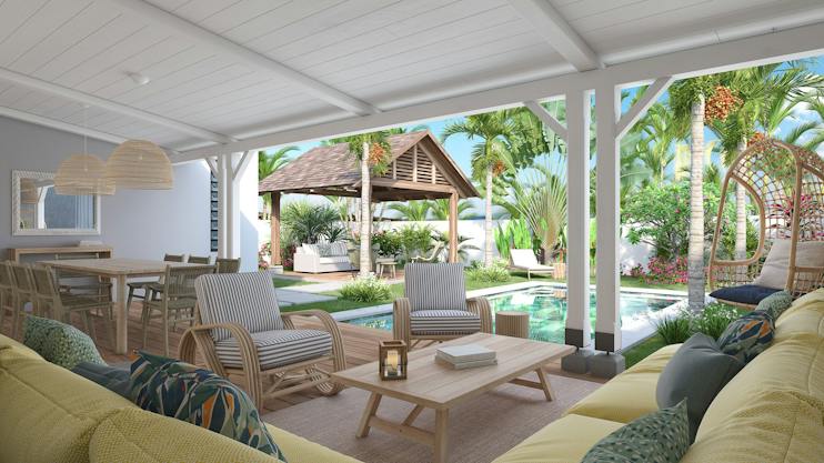 Villa Mauricia: outdoor lounge under the veranda, pool and kiosk beyond (developer rendering)