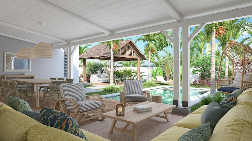 Villa Mauricia: outdoor lounge under the veranda, pool and kiosk beyond (developer rendering)