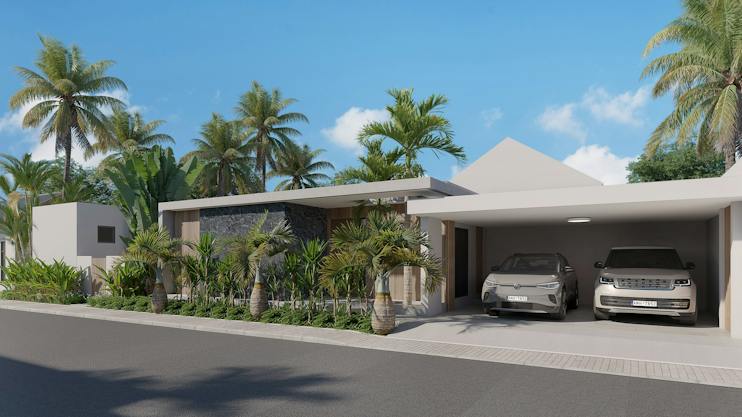 Villa Mauricia: villa entrance with two-car carport (developer rendering)