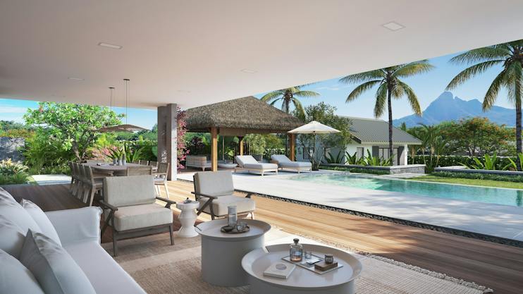Maisons de Bonneval: terrace, 14.5 m rim-flow pool and thatched kiosk facing the mountains (developer rendering)