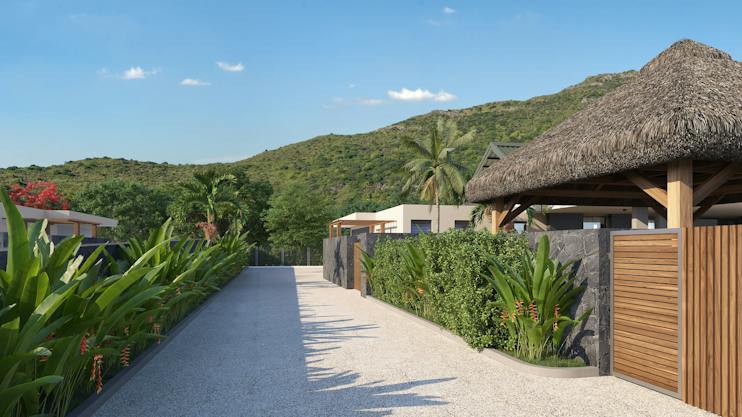 Maisons de Bonneval: estate lane and home entrances below the slopes of La Tourelle (developer rendering)