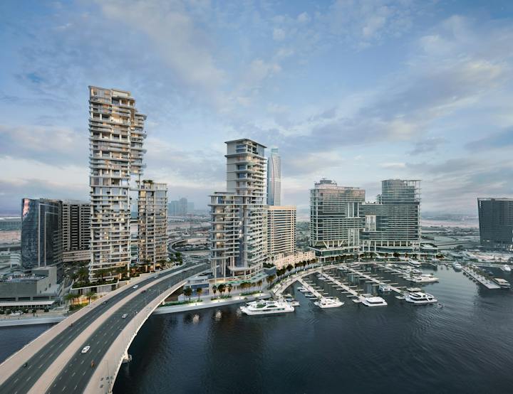 VELA, Dorchester Collection, Dubai — aerial view of the tower on the Marasi Bay marina