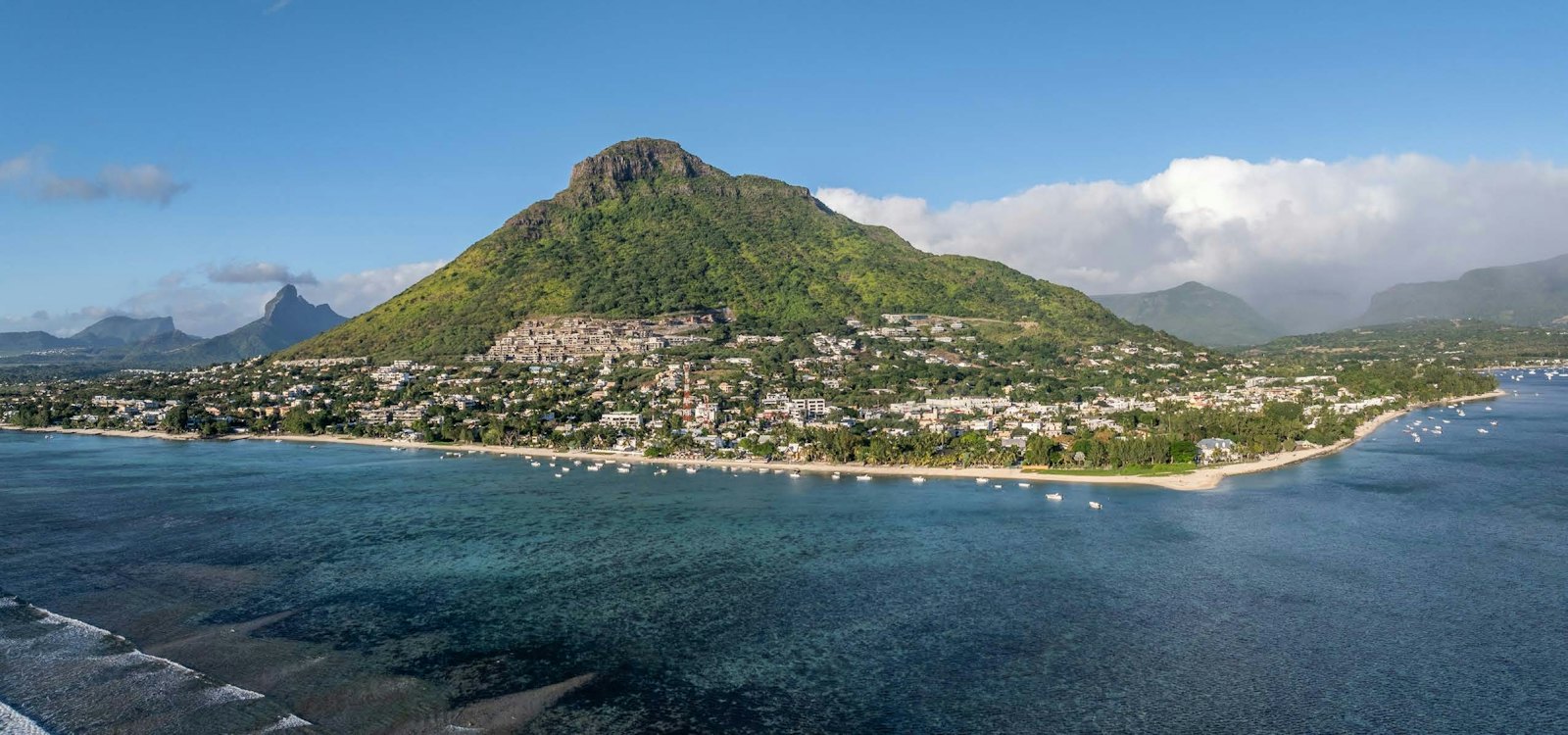 Aerial view of Tamarin, La Tourelle and La Preneuse on the west coast of Mauritius