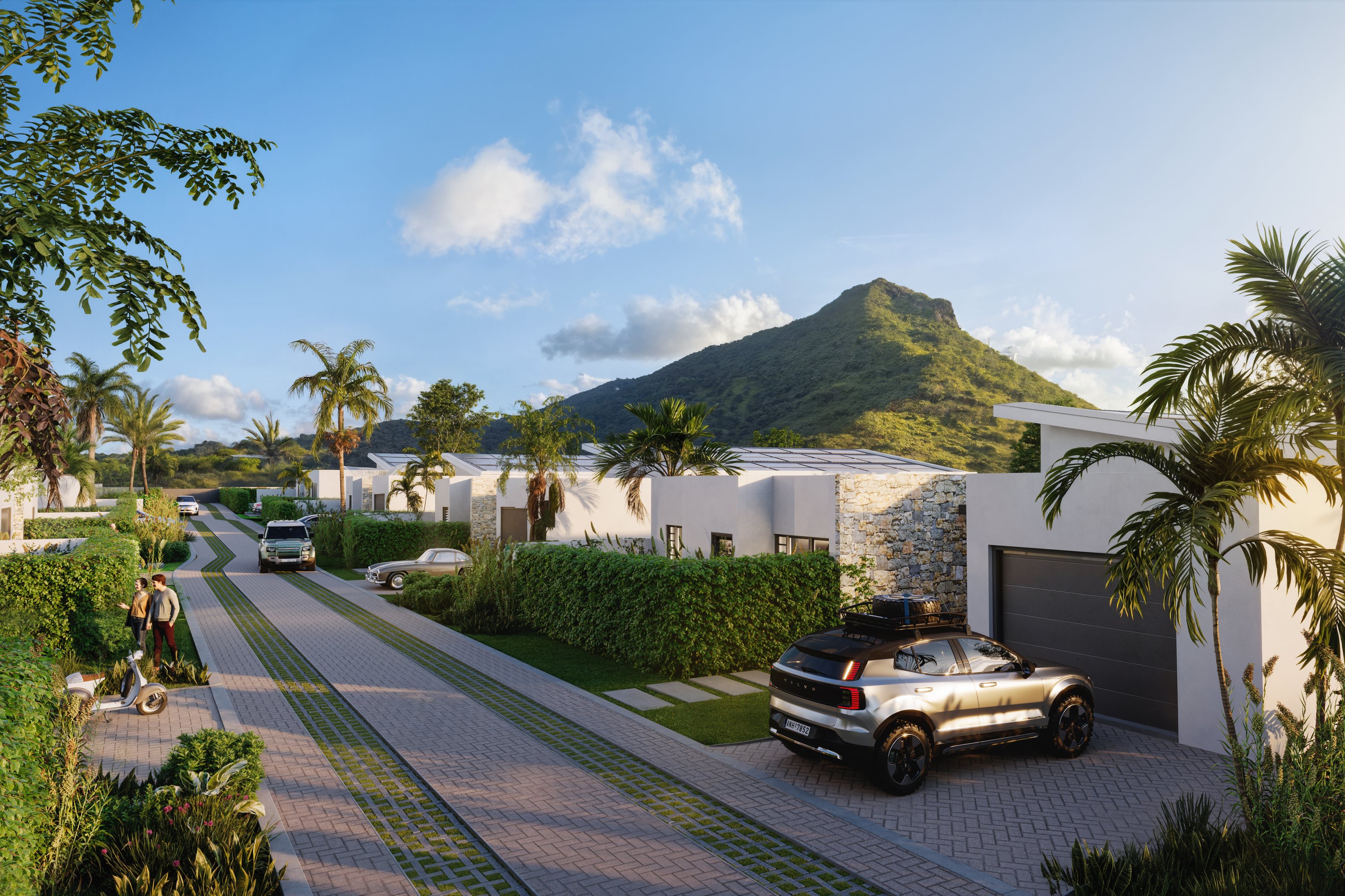 Central driveway of the Amanzira estate facing La Tourelle, Tamarin — computer-generated image, non-contractual