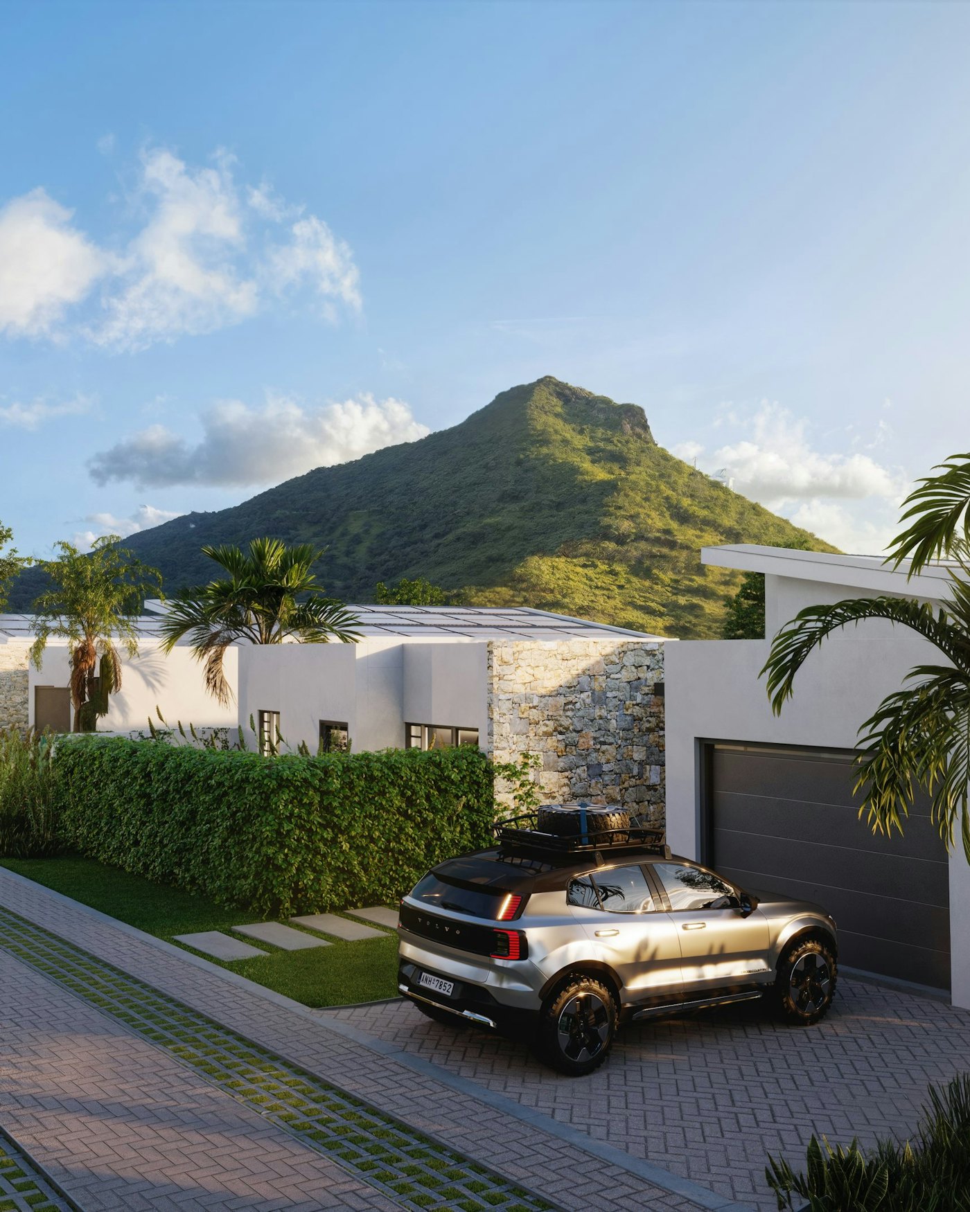 Central driveway of the Amanzira estate facing La Tourelle, Tamarin — computer-generated image, non-contractual
