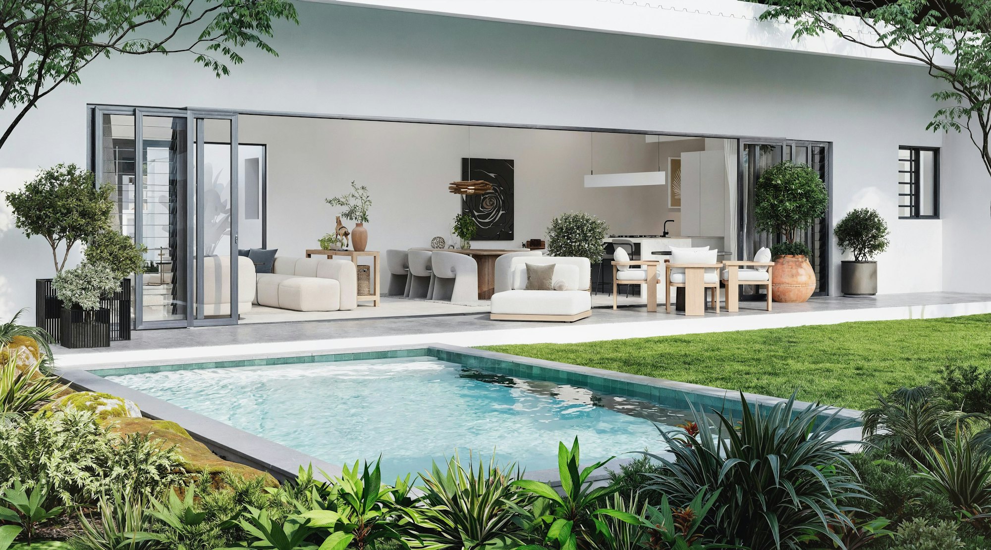 Private pool and single-storey living room of an Amanzi villa — computer-generated image, non-contractual