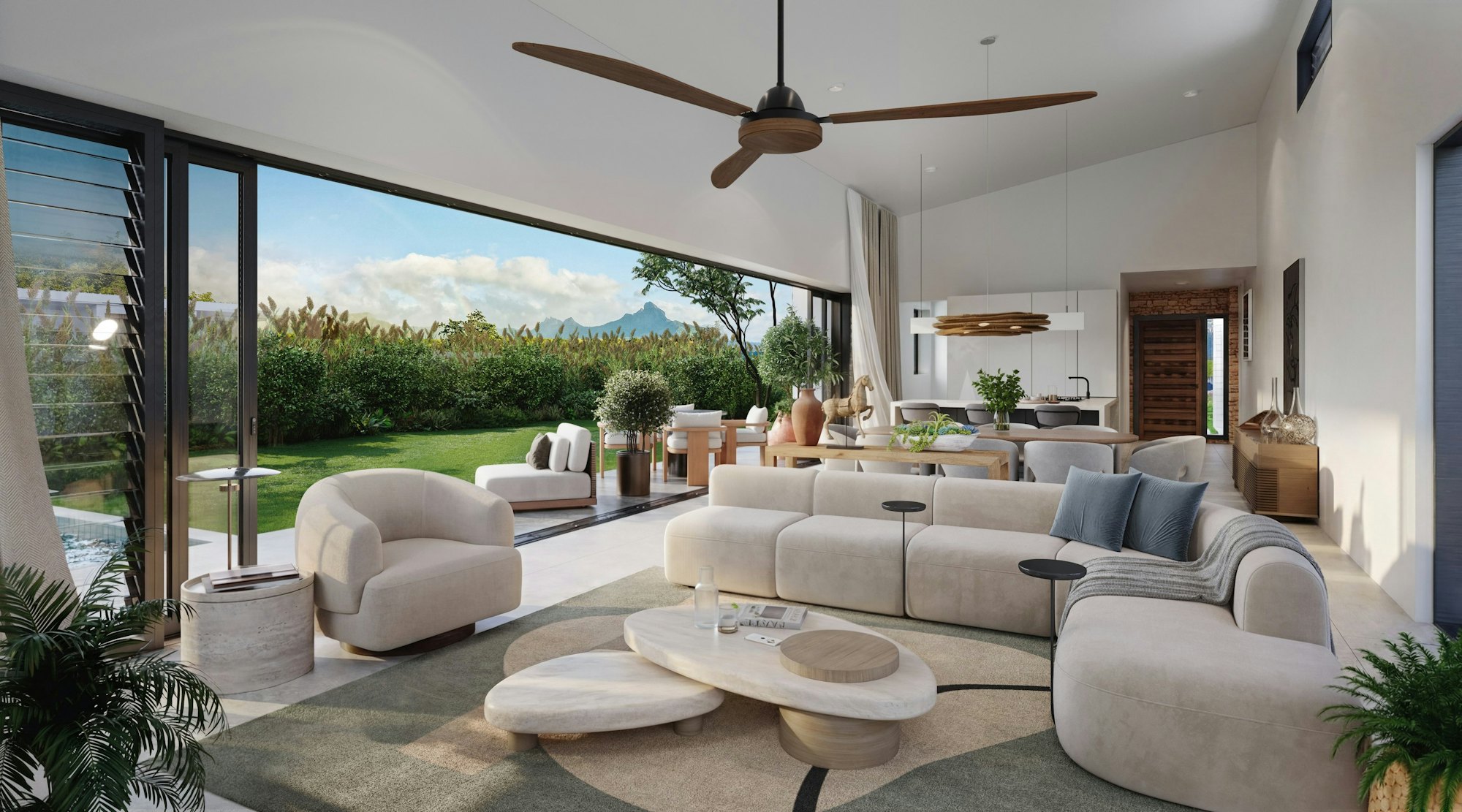 Through living room of an Amanzi villa opening onto the garden and La Tourelle — computer-generated image, non-contractual