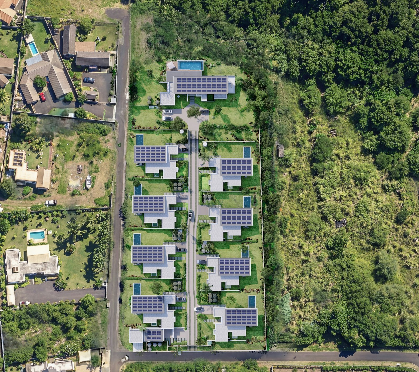 Top-down aerial view of Amanzira's nine villas and their solar roofs — computer-generated image, non-contractual