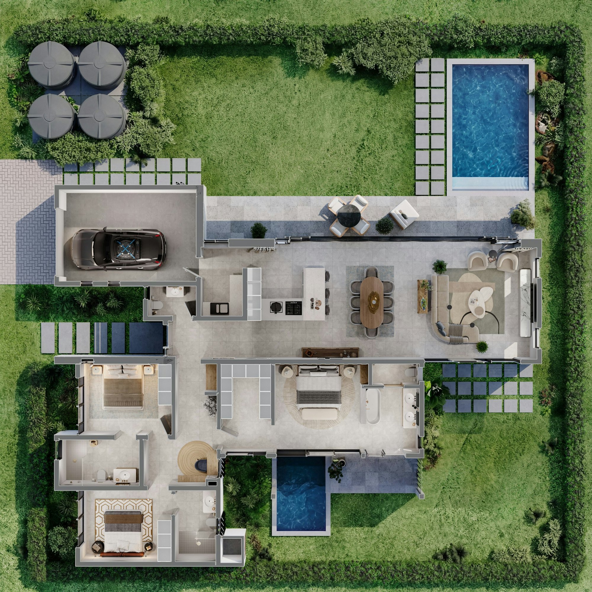 Three-dimensional plan of an Amanzi villa — computer-generated image, non-contractual