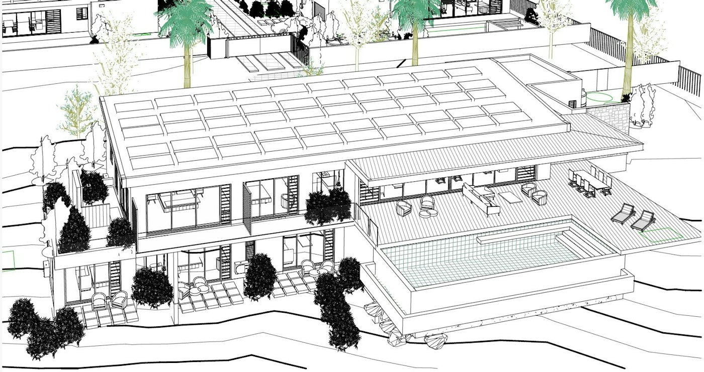 Villa Ra, terrace and infinity pool — architect's sketch (Studio Linear)