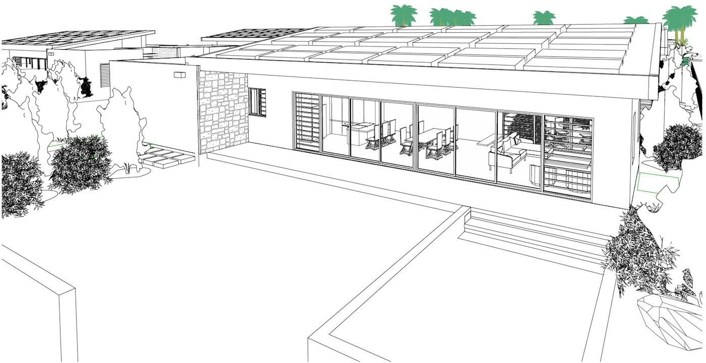 Villa Ra from the garden — architect's sketch (Studio Linear)