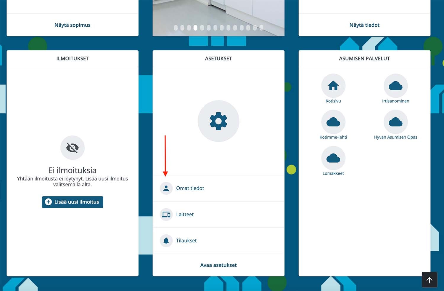 Näkymä asukassivujen etusivulta (Asetukset laatikko)