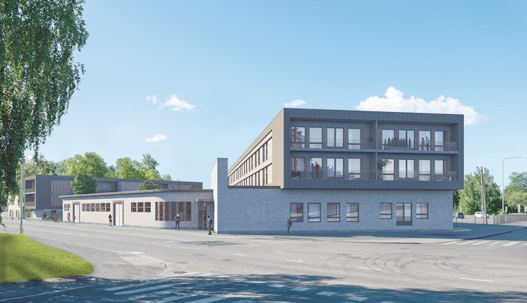 Havainnekuva Satamaportin uudisrakennuksista, joiden keskelle jää suojeltu kaareva tiilirakennus.