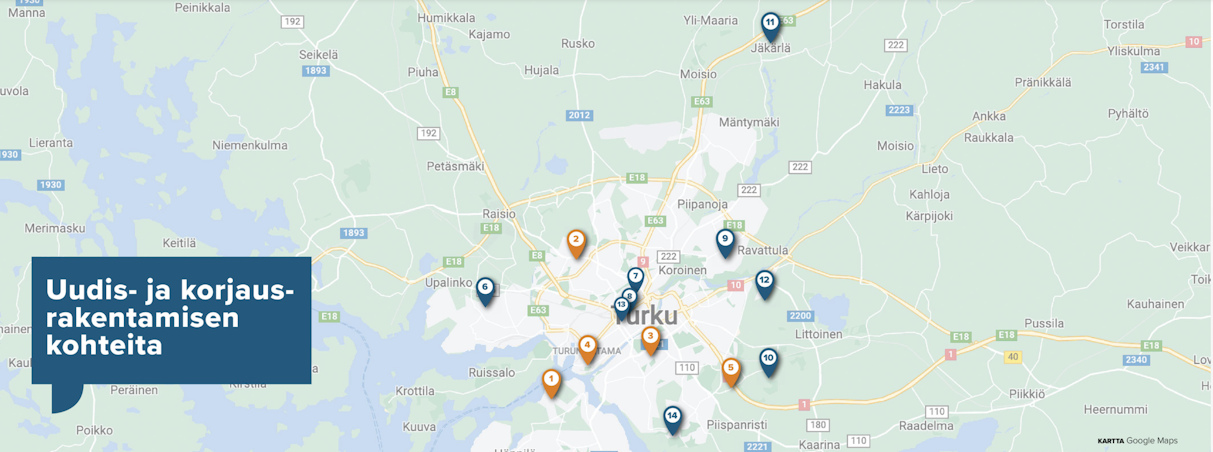 Karttakuva uudis- ja korjausrakentamisen kohteista vuonna 2022.