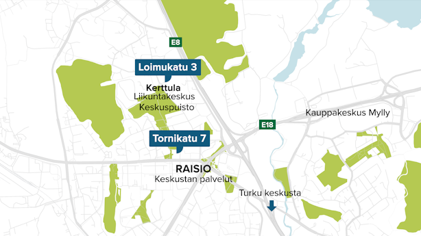 Karttakuva Raisiosta, missä näkyy TVT:n Raision uudiskohteet.