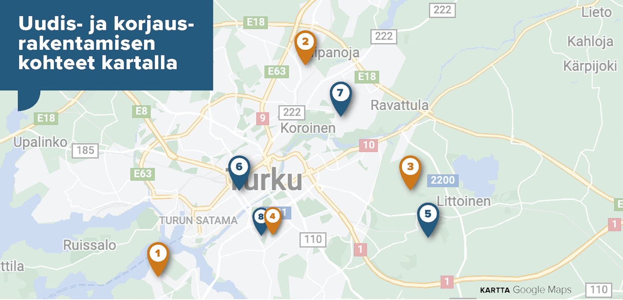 Kartta, jossa uudis- ja korjausrakentamisen kohteita Turun seudulla.