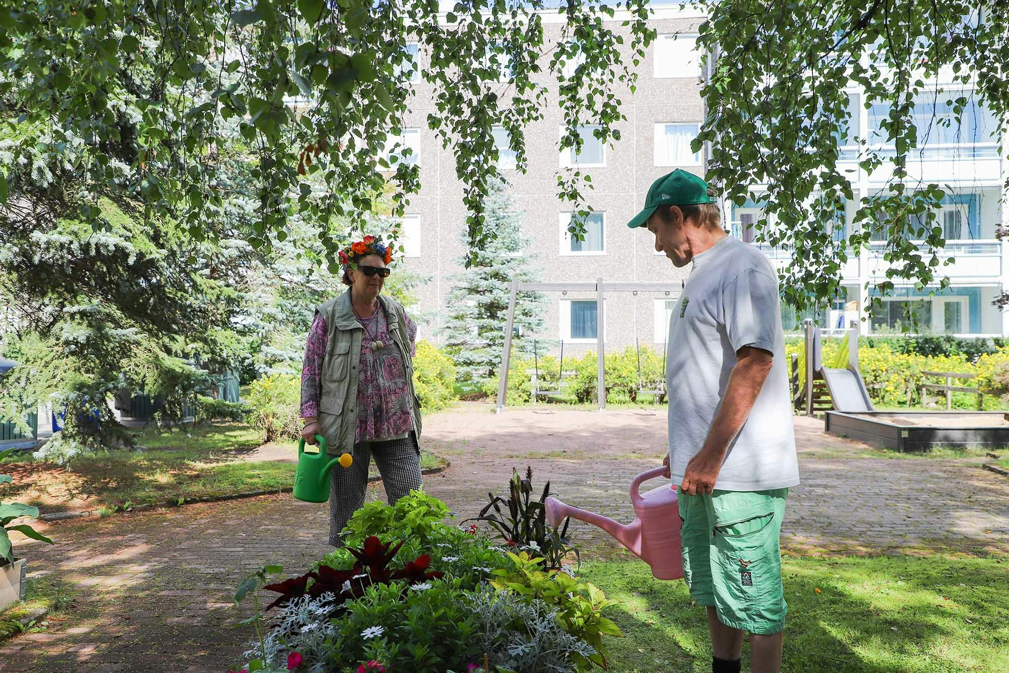 Henkilöt kastelevat pihaistutuksia.
