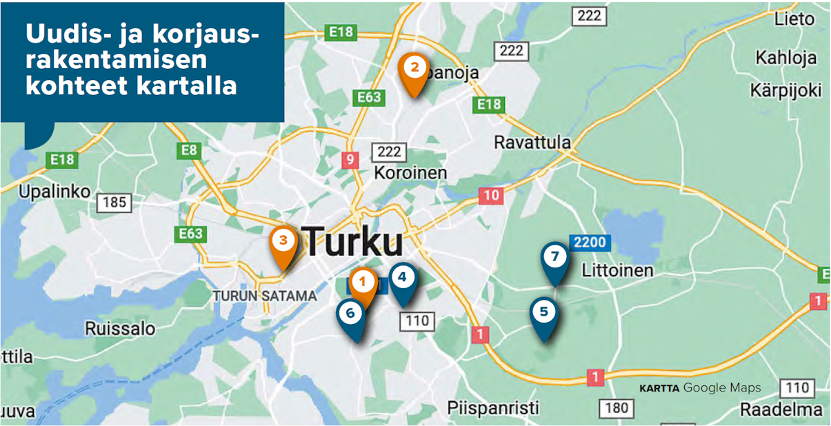 Uudis- ja korjausrakentamisen kohteet kartalla.