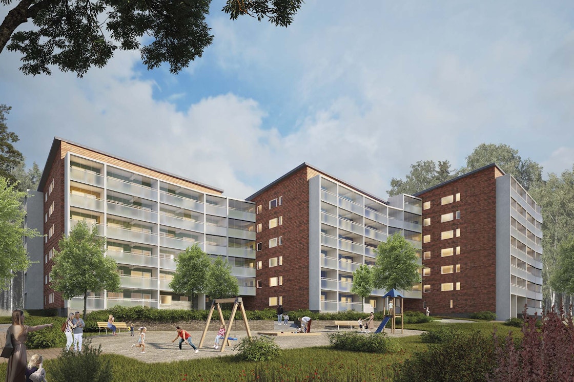Havainnekuva Kousankujan kerrostaloista perusparannuksen jälkeen.