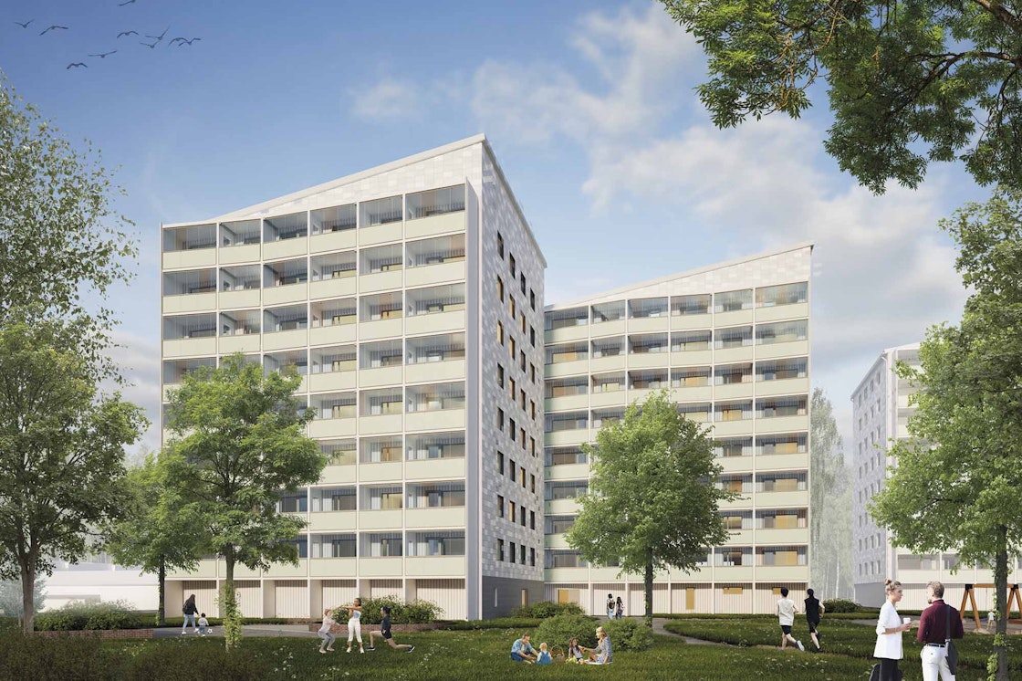 Havainnekuva Raastuvankatu 3:n perusparannetuista kerrostailoista.