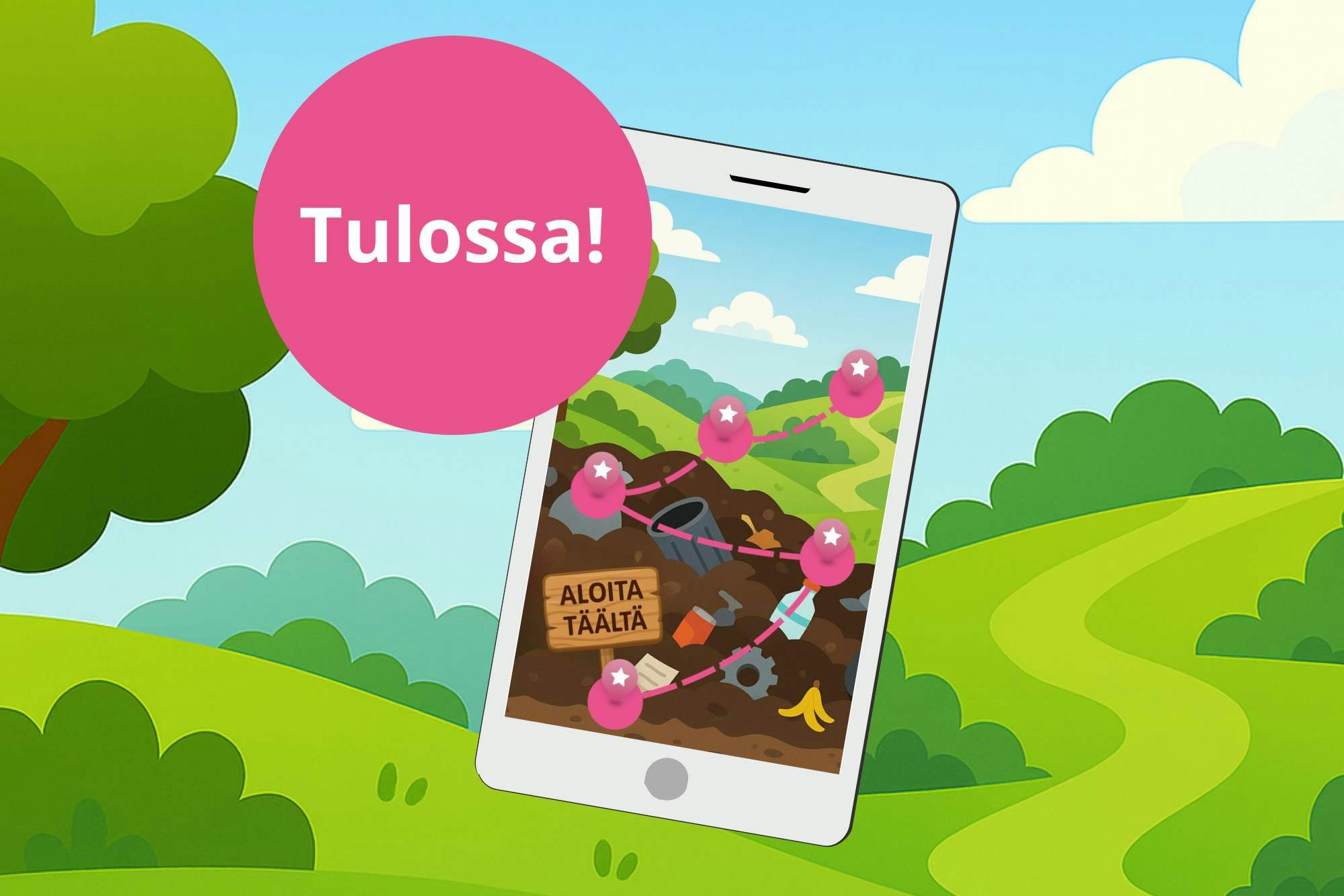 Värikäs kuva, jossa kuvakaappaus kierrätysaiheisesta mobiilipelistä.