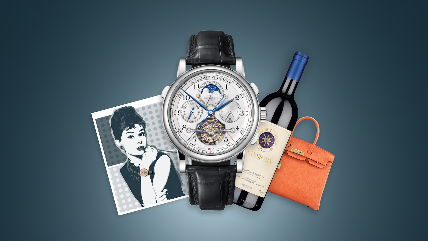 konvi assets, containing a watch, a fine wine, a bag and a portrait of a woman