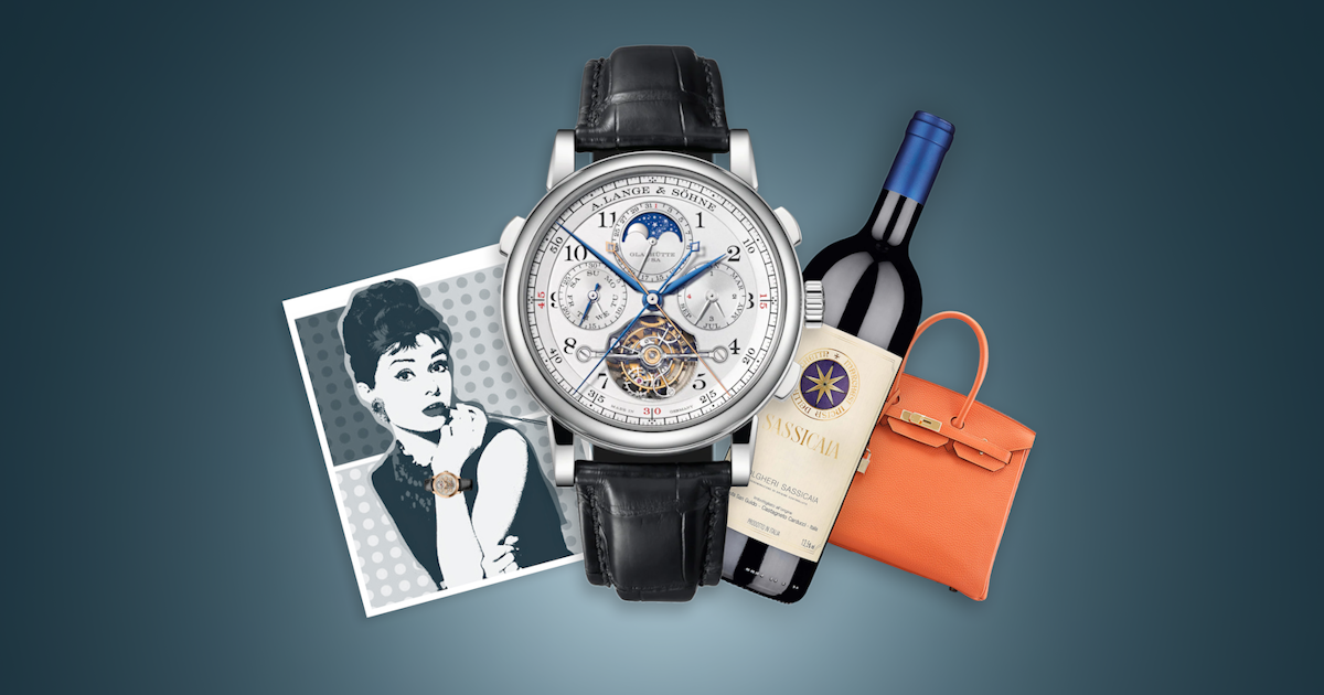 konvi assets, containing a watch, a fine wine, a bag and a portrait of a woman