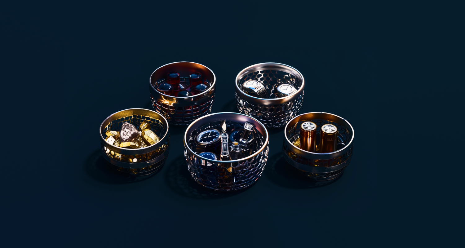 4 baskets filled with different asset classes visualizing the famous saying: Don't put all your eggs in one basket!