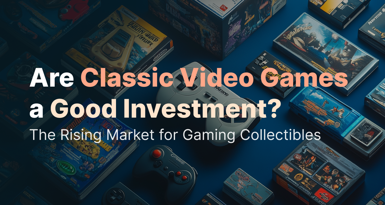 Are Classic Video Games a Good Investment? The Rising Market for Gaming Collectibles. An image of retro games on a dark blue background next to a retro Nintendo console