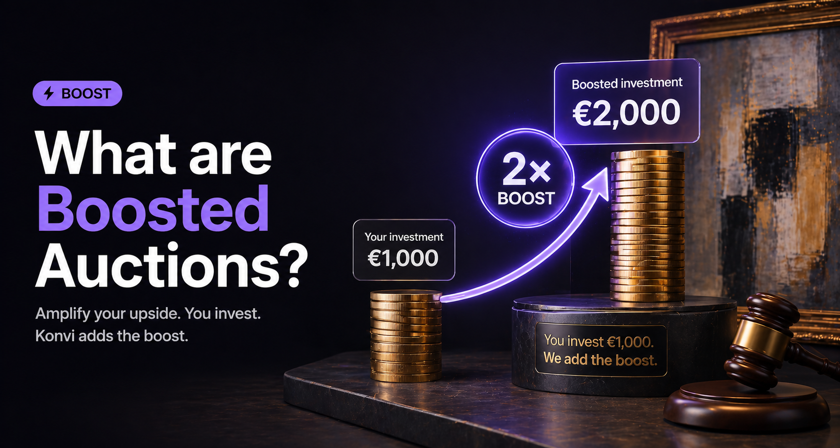 Minimalist dark-themed header image showing a boosted auction concept: a €1,000 investment visually amplified to €2,000 with a glowing 2× boost indicator, alongside auction elements like a gavel, artwork, and a rising graphic, symbolising increased upside only when the auction performs.