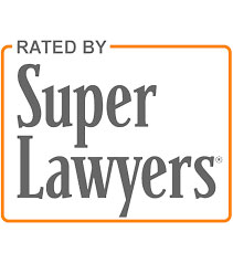 a white and orange logo with the words rated by super lawyers