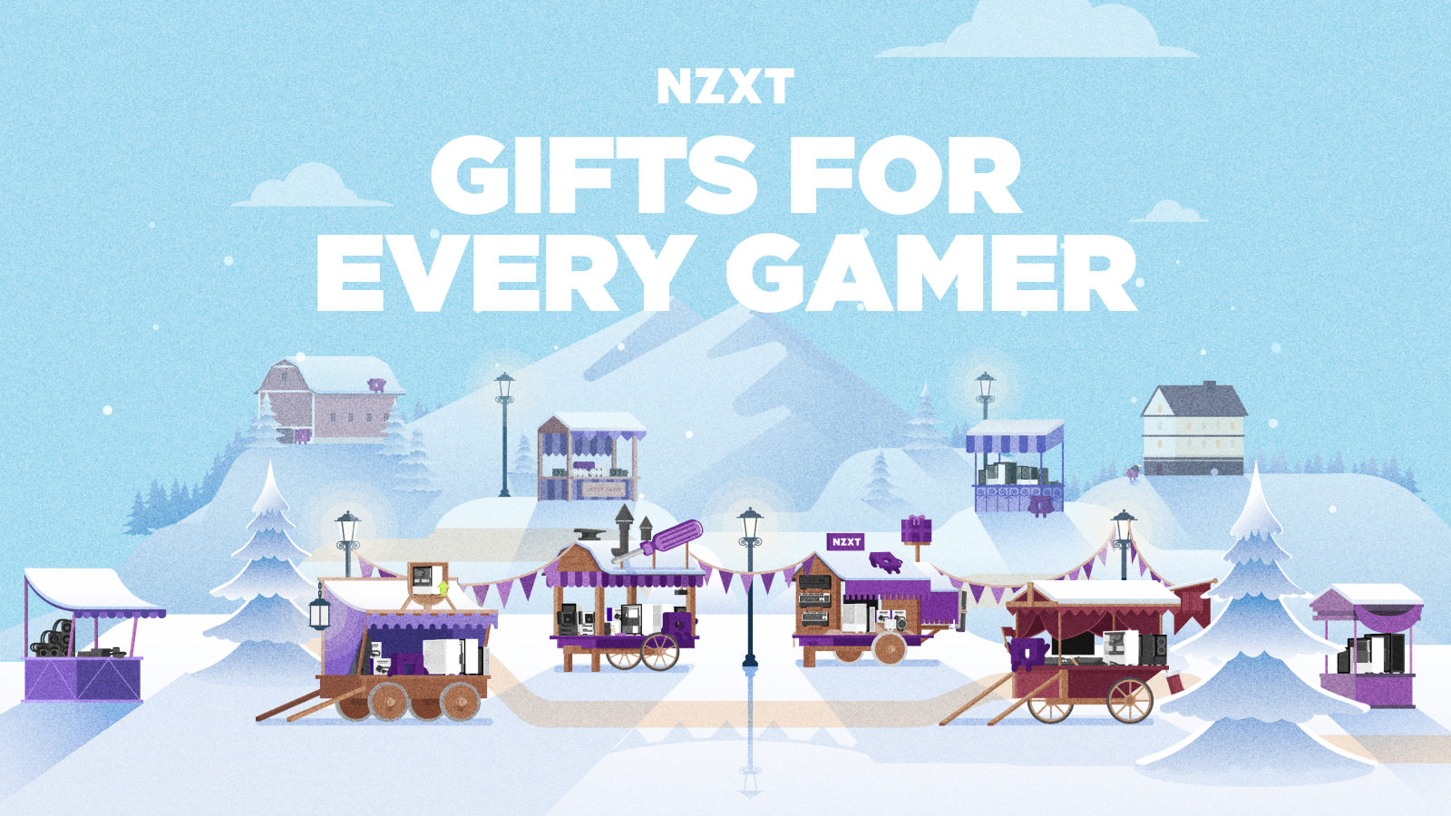 Title: "NZXT Gifts for Every Gamer" on Top of a Snowy Village