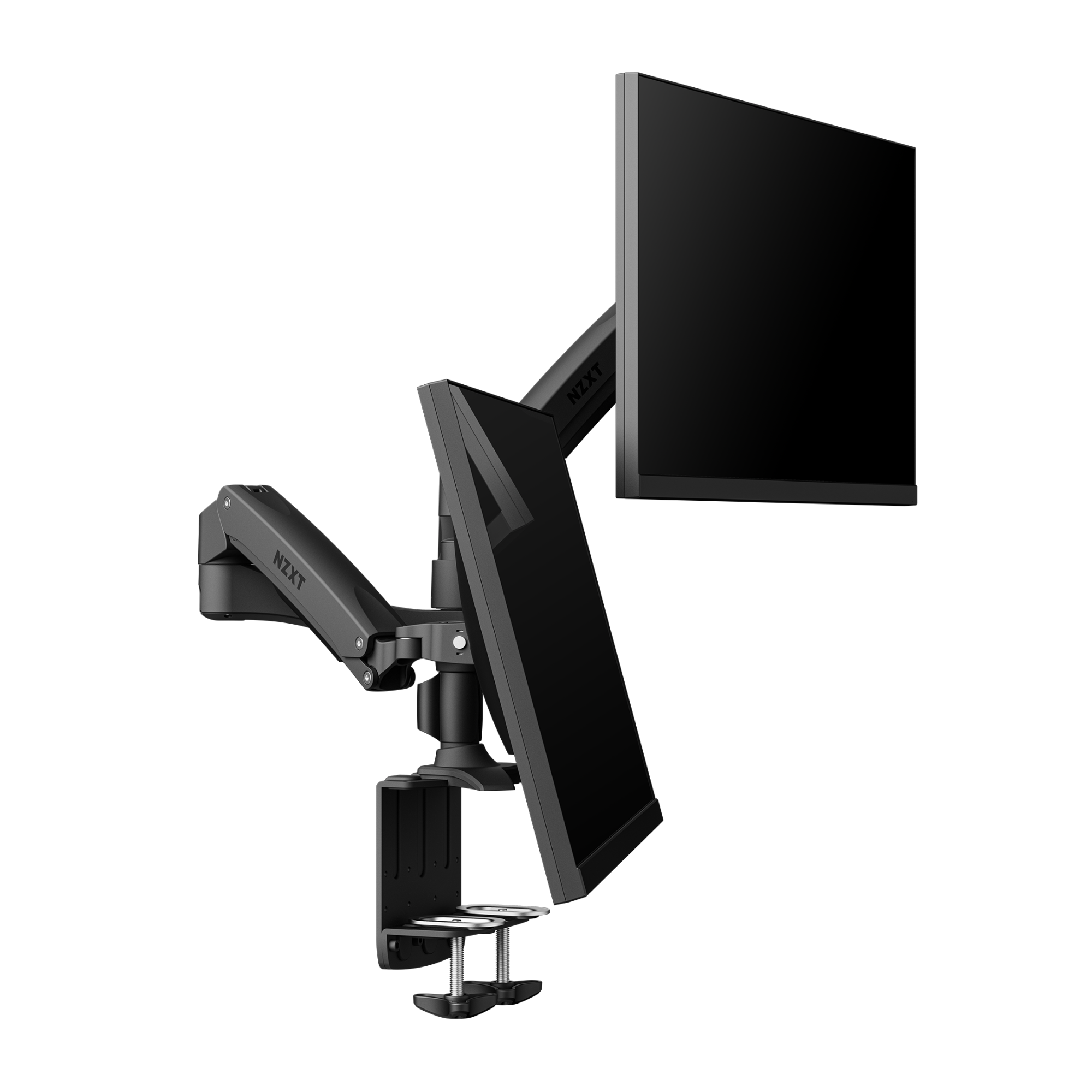 NZXT Dual Monitor Arm Holding x2 NZXT Canvas 27F Gaming Monitors
