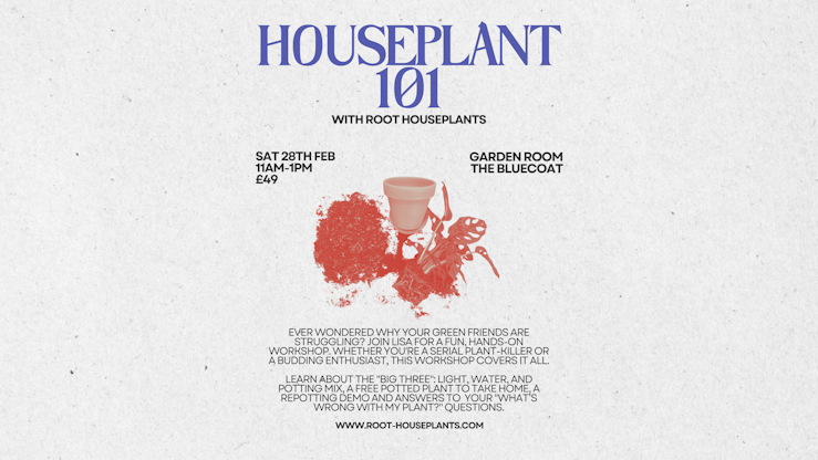 Repotting and plant care workshop, saturday 28th february, 11-1 at the garden room in the bluecoat