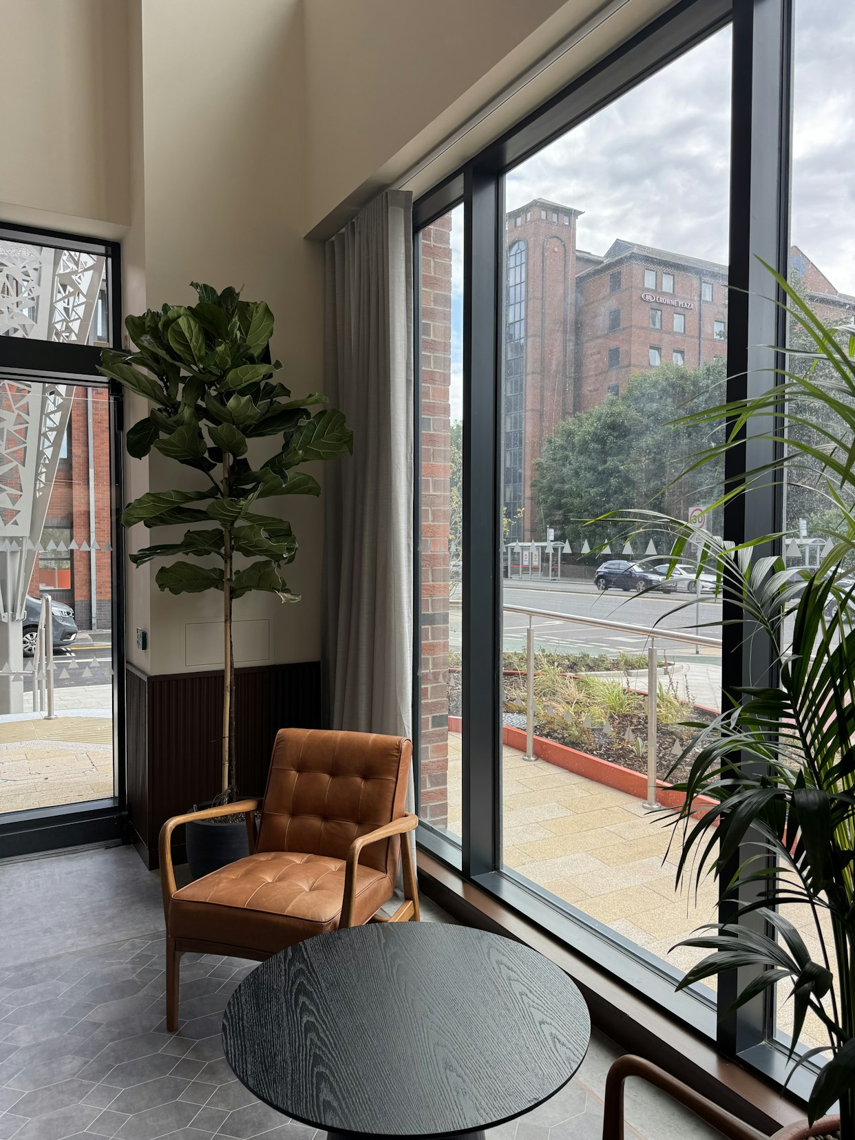 Large leafy green potted plants, an armchair, and a side table positioned next to floor-to-ceiling windows overlooking the street at Triangle Yard, Leeds