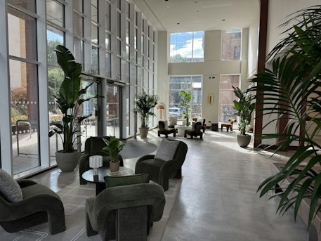 Modern indoor lounge area featuring large architectural houseplants and floor-to-ceiling windows.